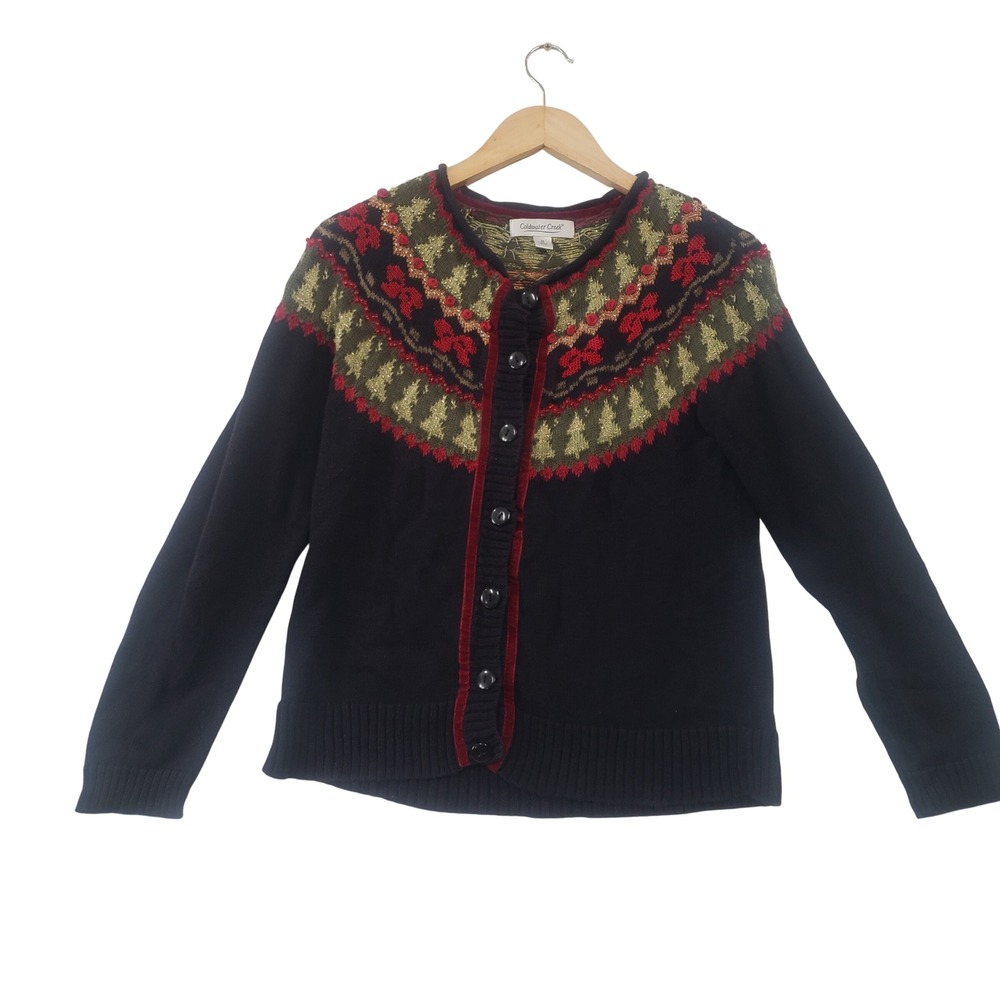 Coldwater Creek Cardigan Sweater Medium Black Holiday Christmas Fair Isle Beaded